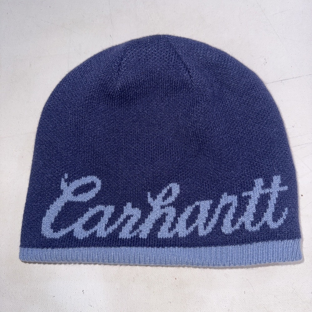 Vintage Y2K Carhartt Reversible Logo Striped Fleece Cap Beanie Hat One Size